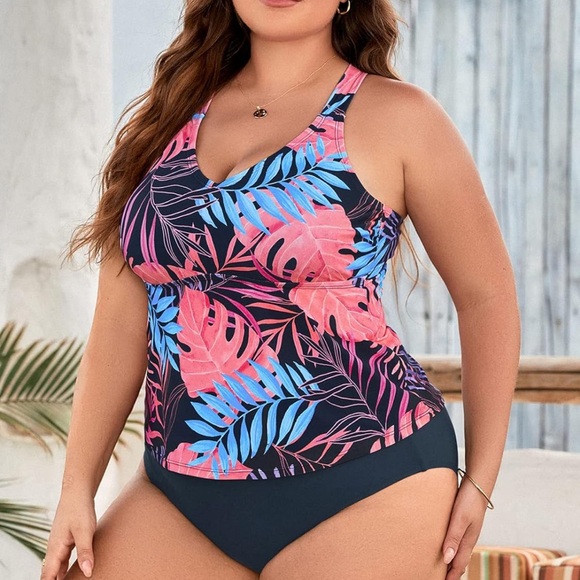NWT CUPSHE Plus Size Tankini Bathing Suit Scoop Neck Tie Back Tropical Print - Picture 1 of 11